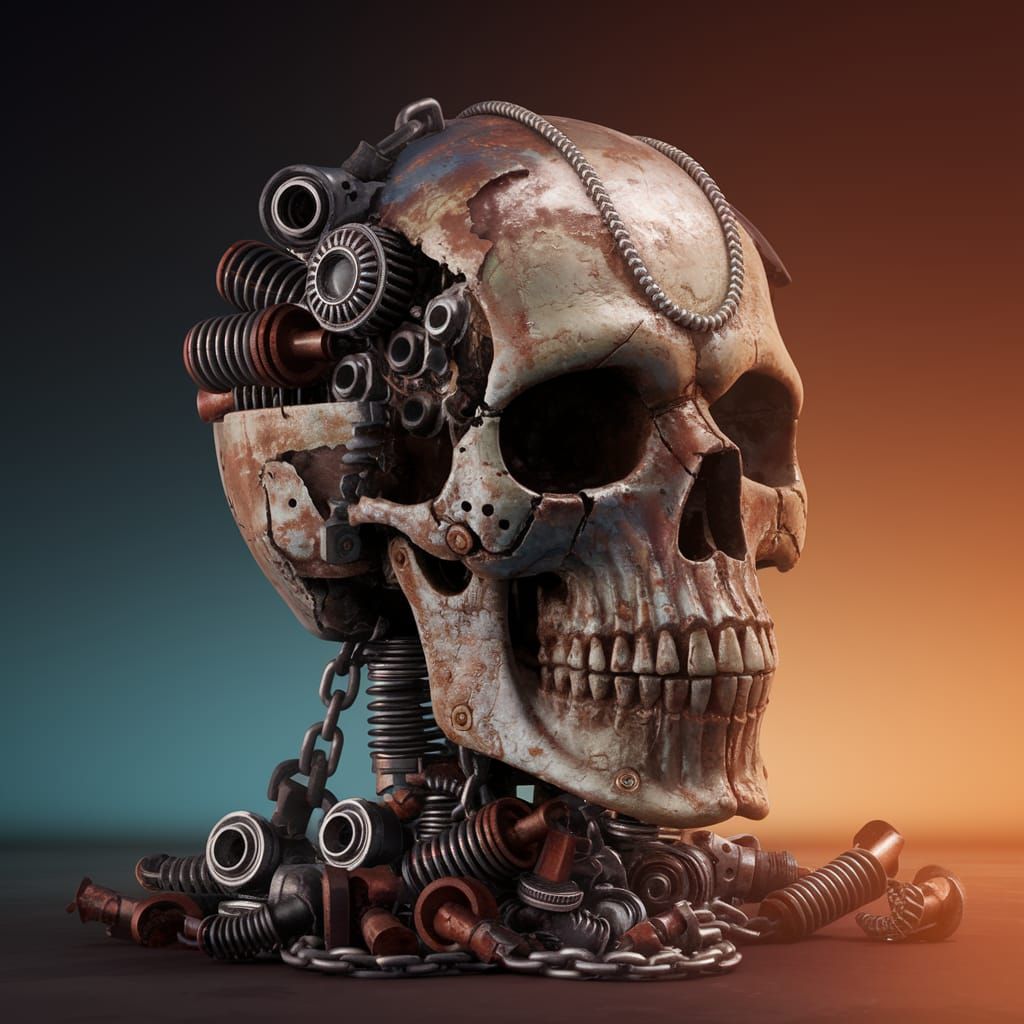 Mechanized Skull Sculpture in Cyberpunk Aesthetic