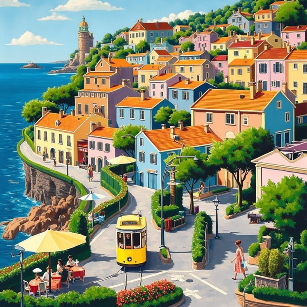 Vibrant Coastal Cityscape in Whimsical Style