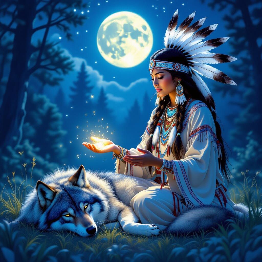 Native American Healer Bathed in Ethereal Moonlight