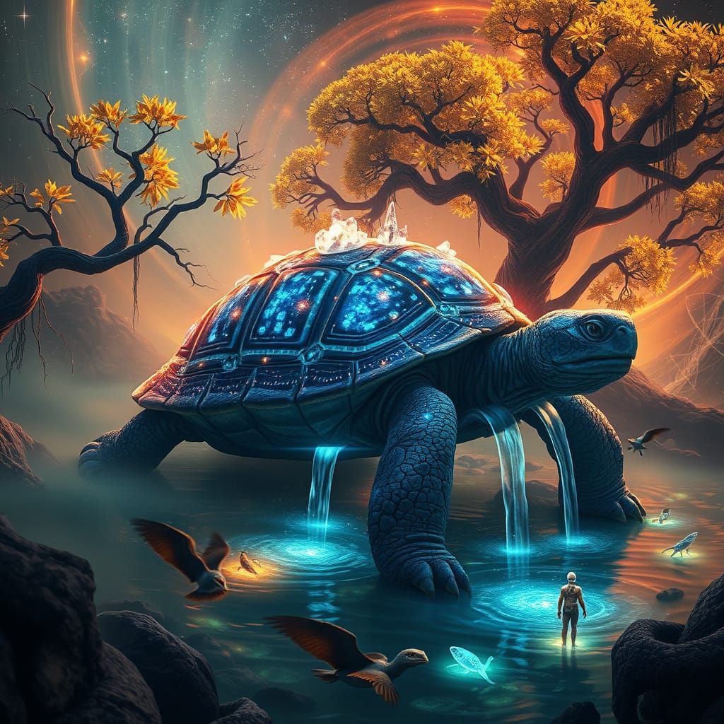 Bioluminescent Tortoise Drifting Through Cosmic Nebula