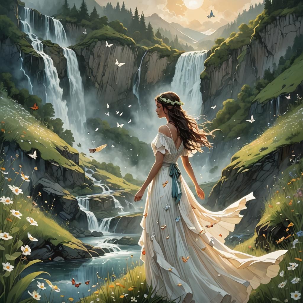 Fantasy Meadow: Birds, Butterflies, and Waterfall