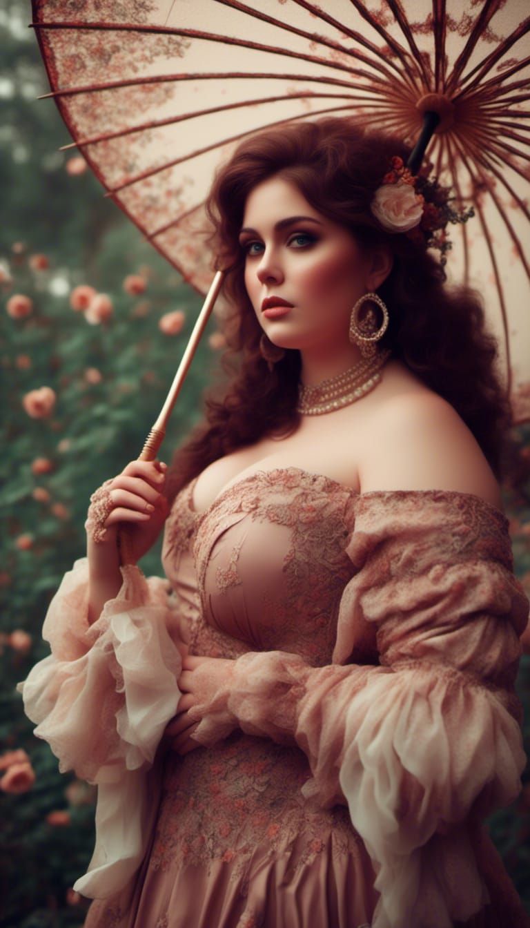 Elegant Plus-Size Woman with Parasol in Romantic Portrait