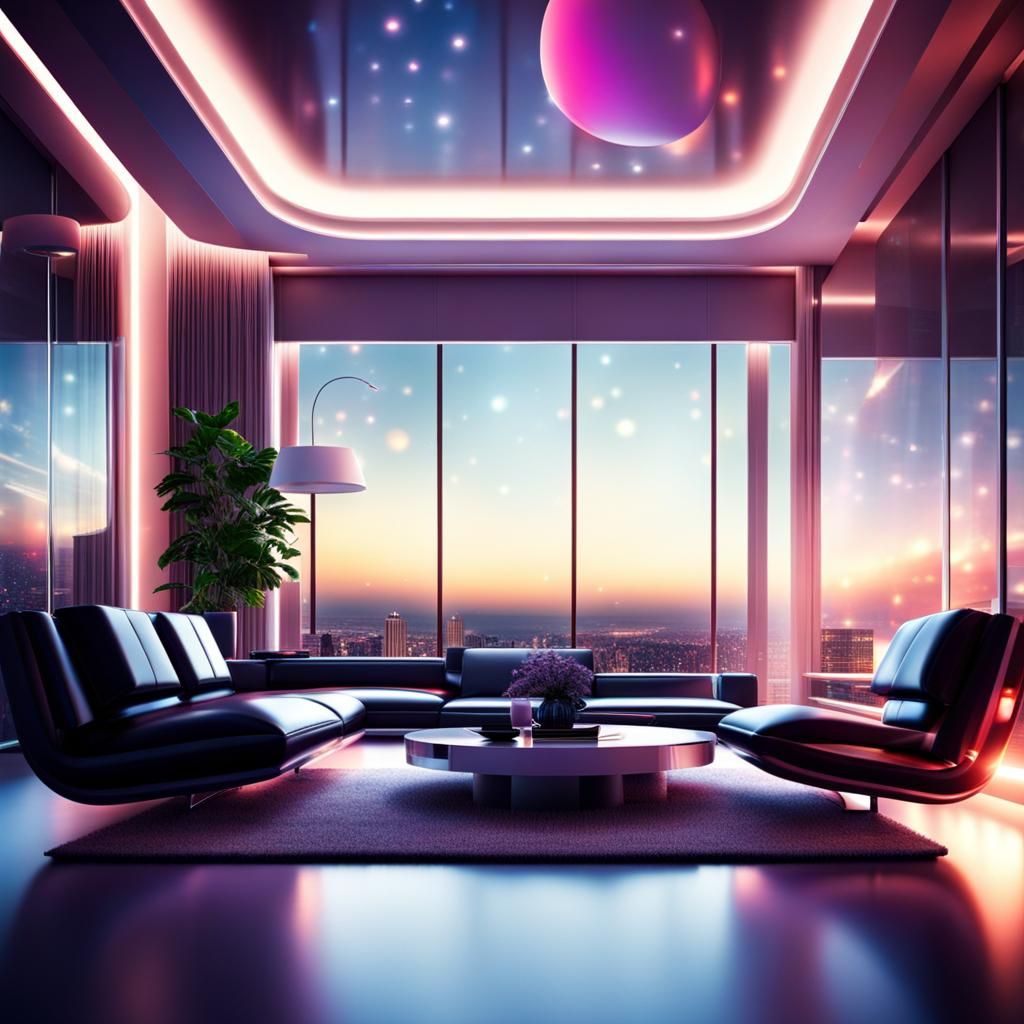 Futuristic Galactic Living Room in Hyperrealistic Style