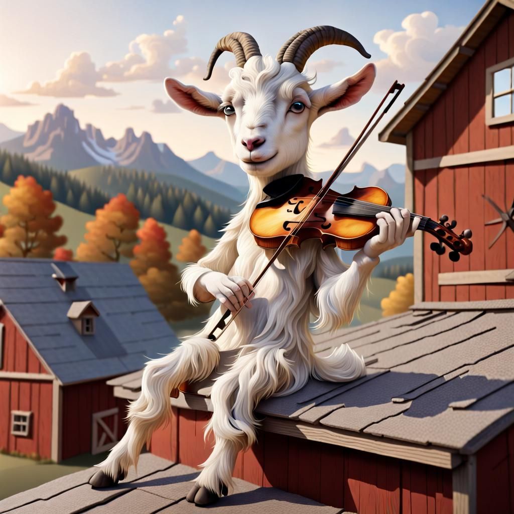 Anthropomorphic Goat's Musical Dream on Barn Roof