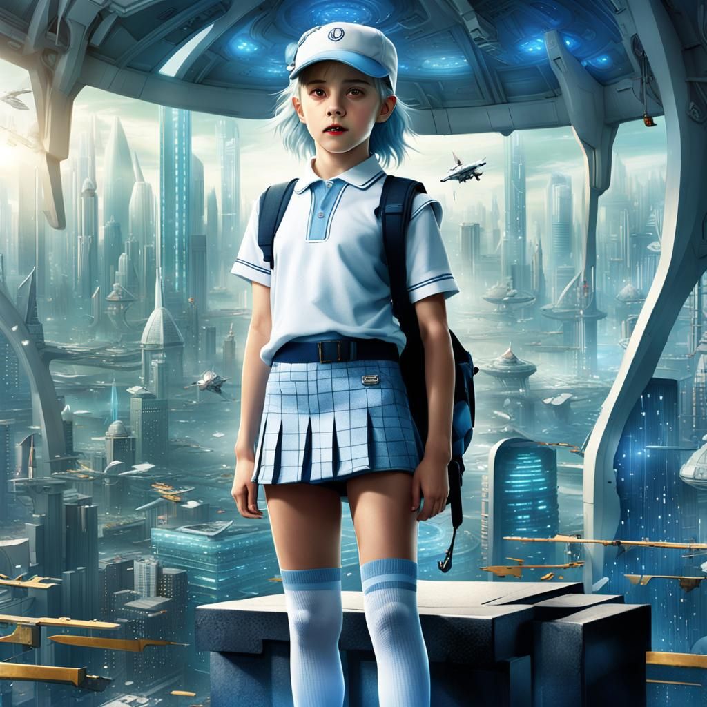 Emma Watson as Child in Futuristic City, Digital Art