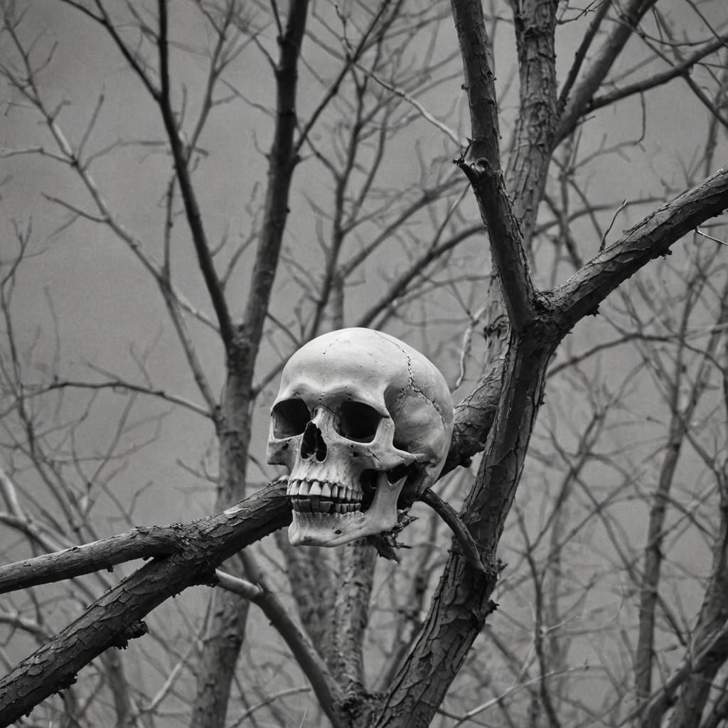 Black and White Skull on Branch Photograph