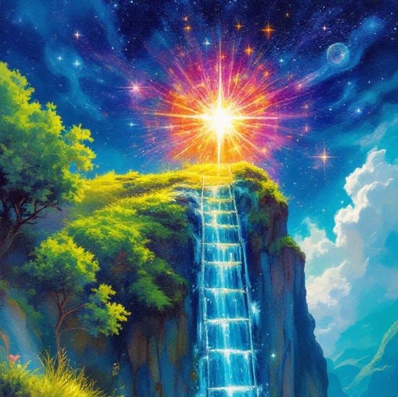 Hiker Ascends Water Ladder: Colorful Splash Art