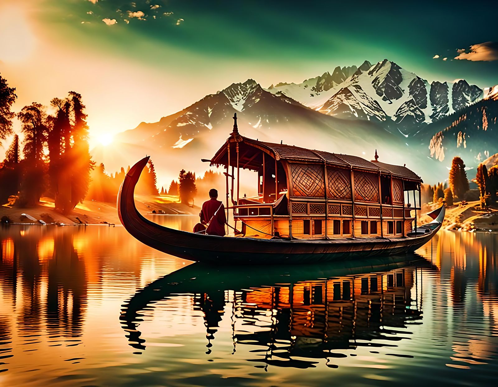 Magnificent Shikara Boat on Kashmir Lake at Sunset