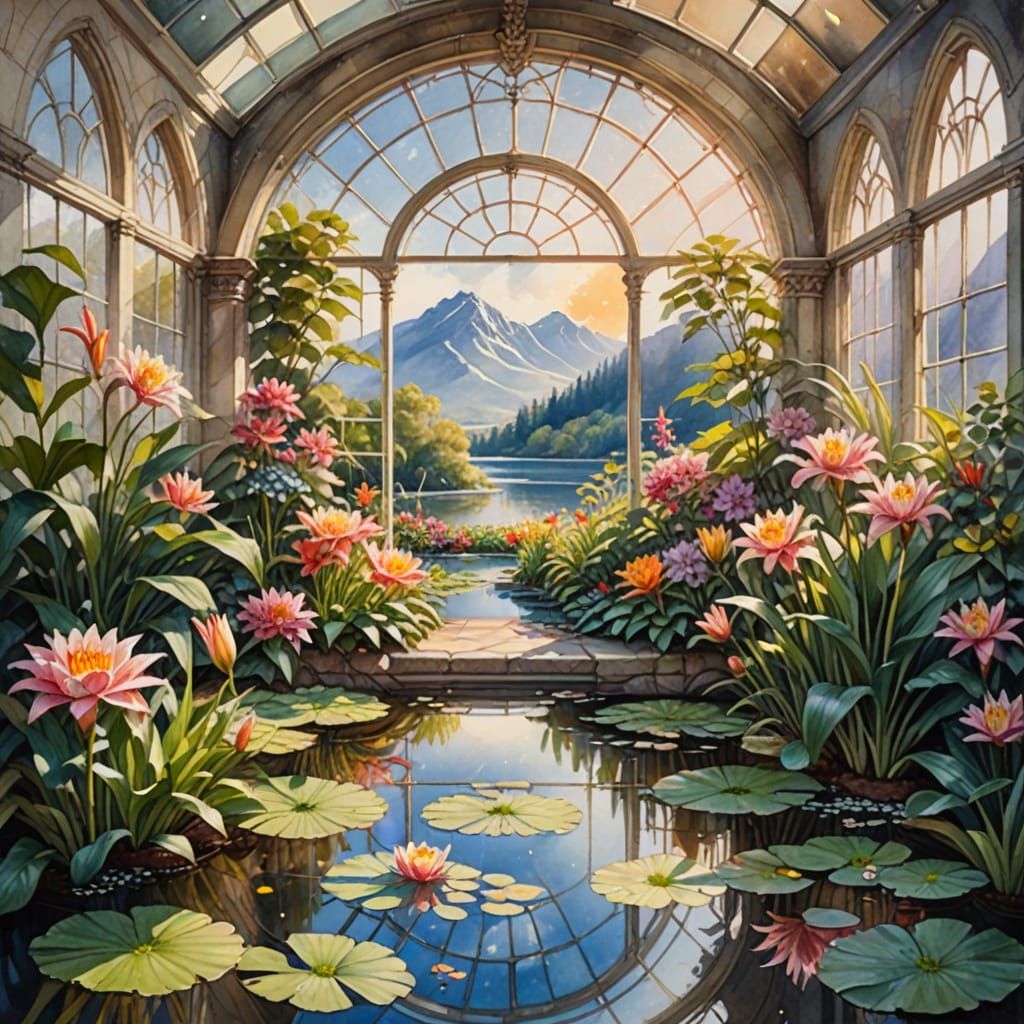 Ornate Greenhouse with Mountain View as Watercolor Painting