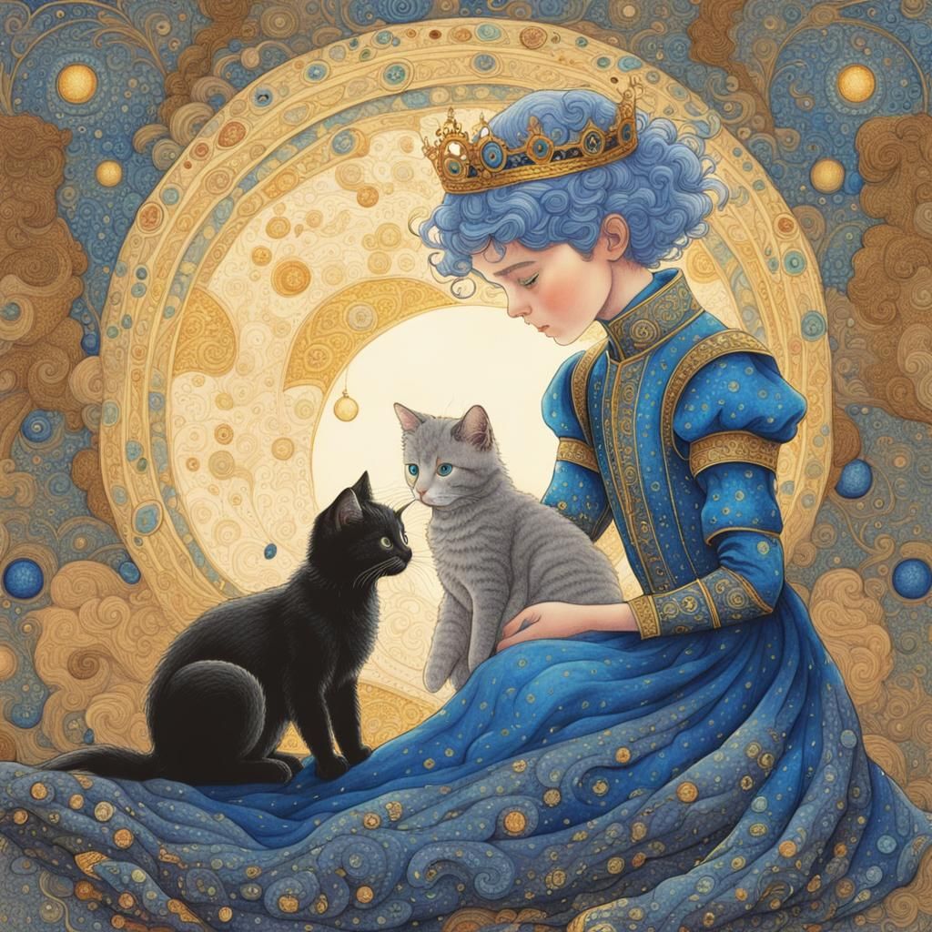 Children Playing with Kitten in Fantasycore Style