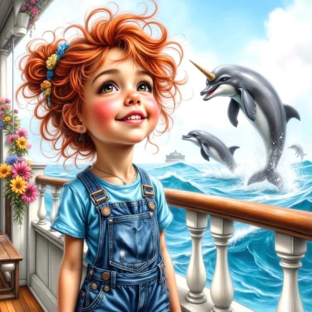 Girl on Boat Excitedly Watching Dolphins, Hand Drawn Style