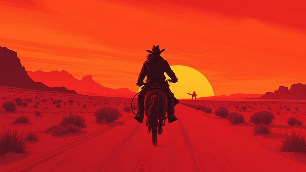 Red Cowboy Rides Into Desert Sunset: Comic Book Art