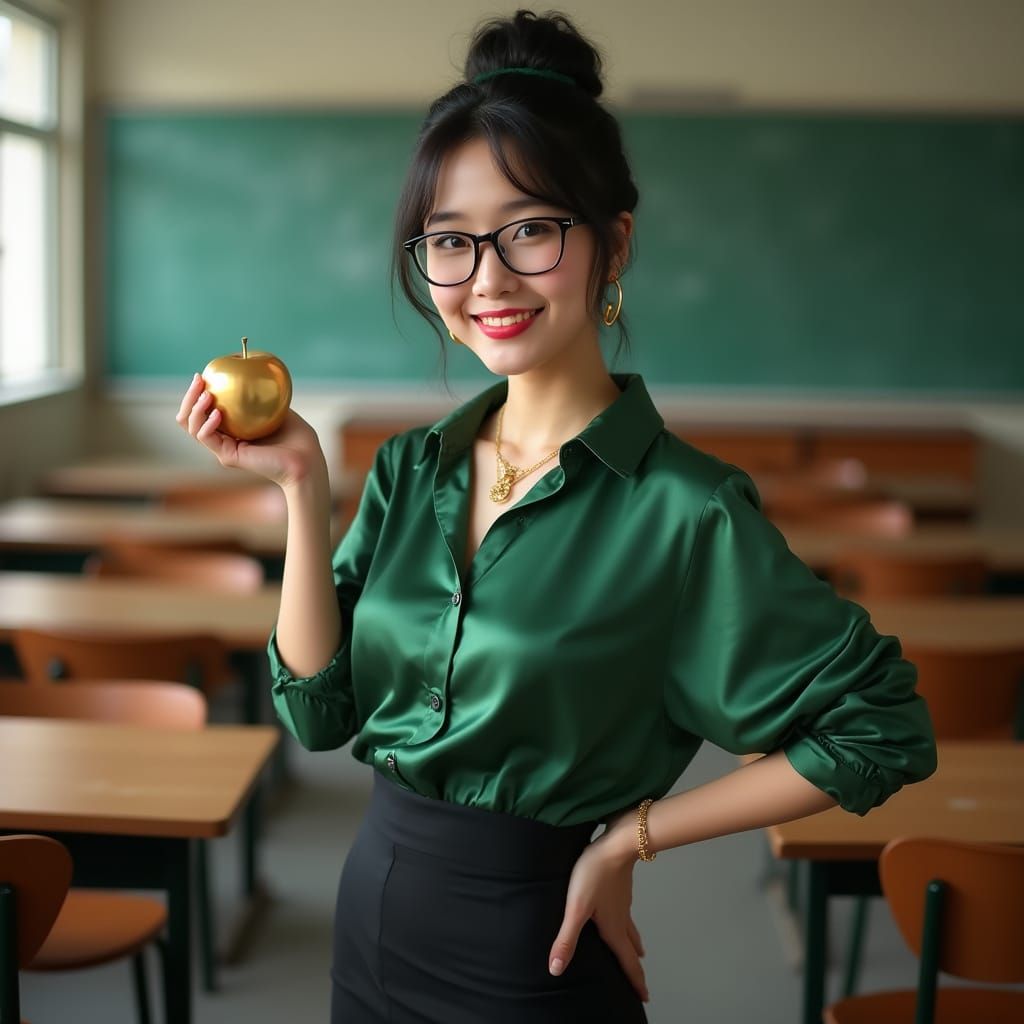Japanese Science Teacher Poses with Golden Apple in Vintage ...