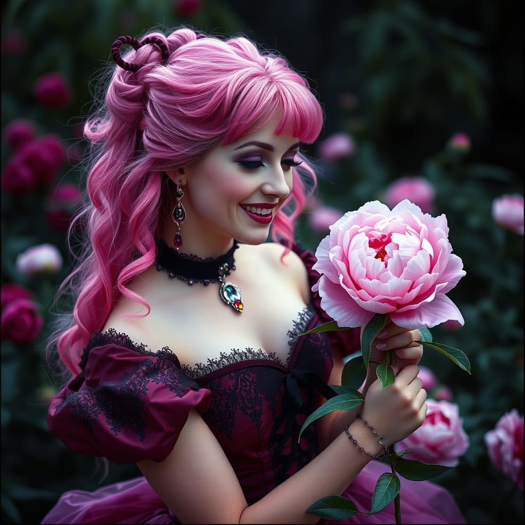Pink Haired Queen in Gothic Ball Gown Smiles in Garden