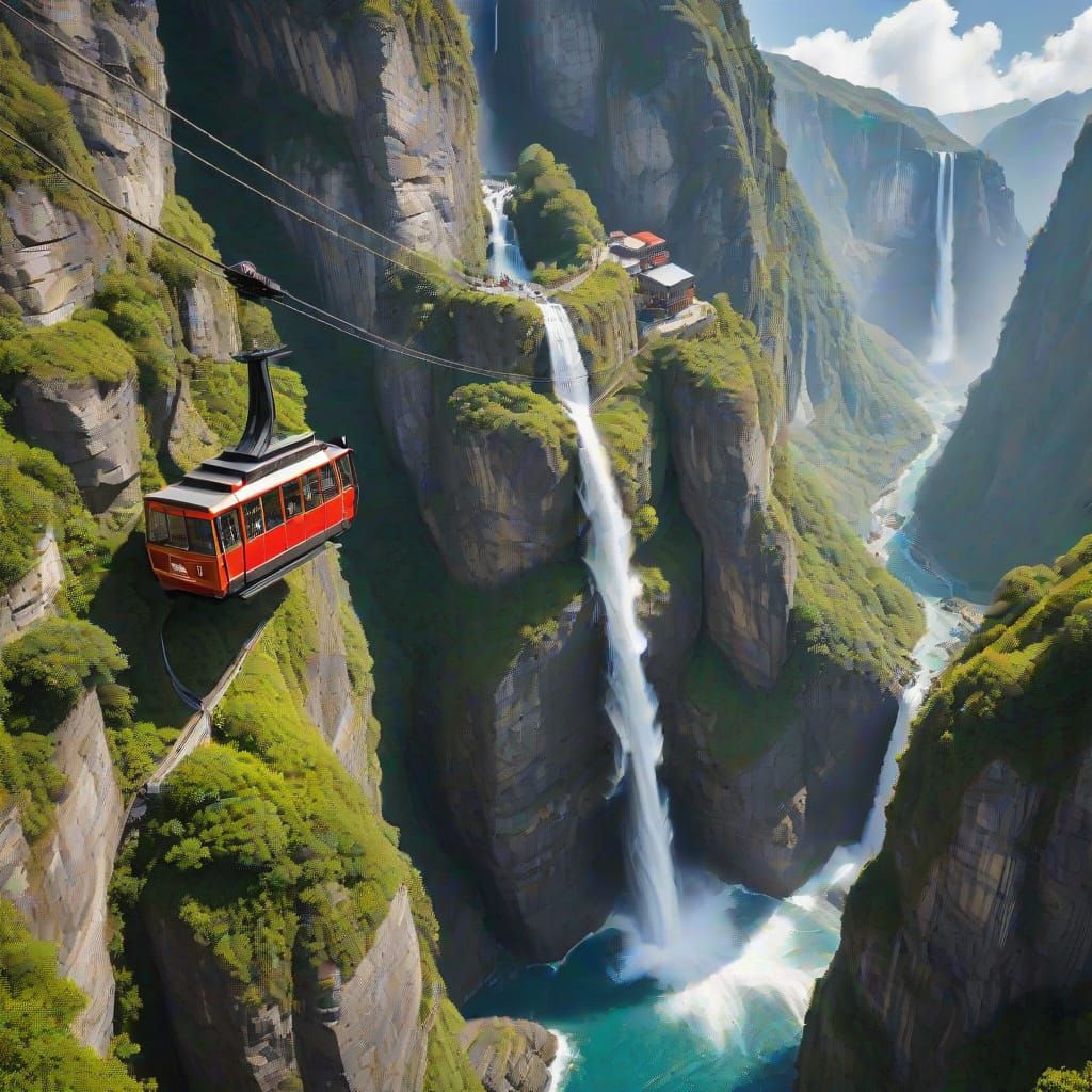 Whimsical Cable Car Above Waterfall Cliffs