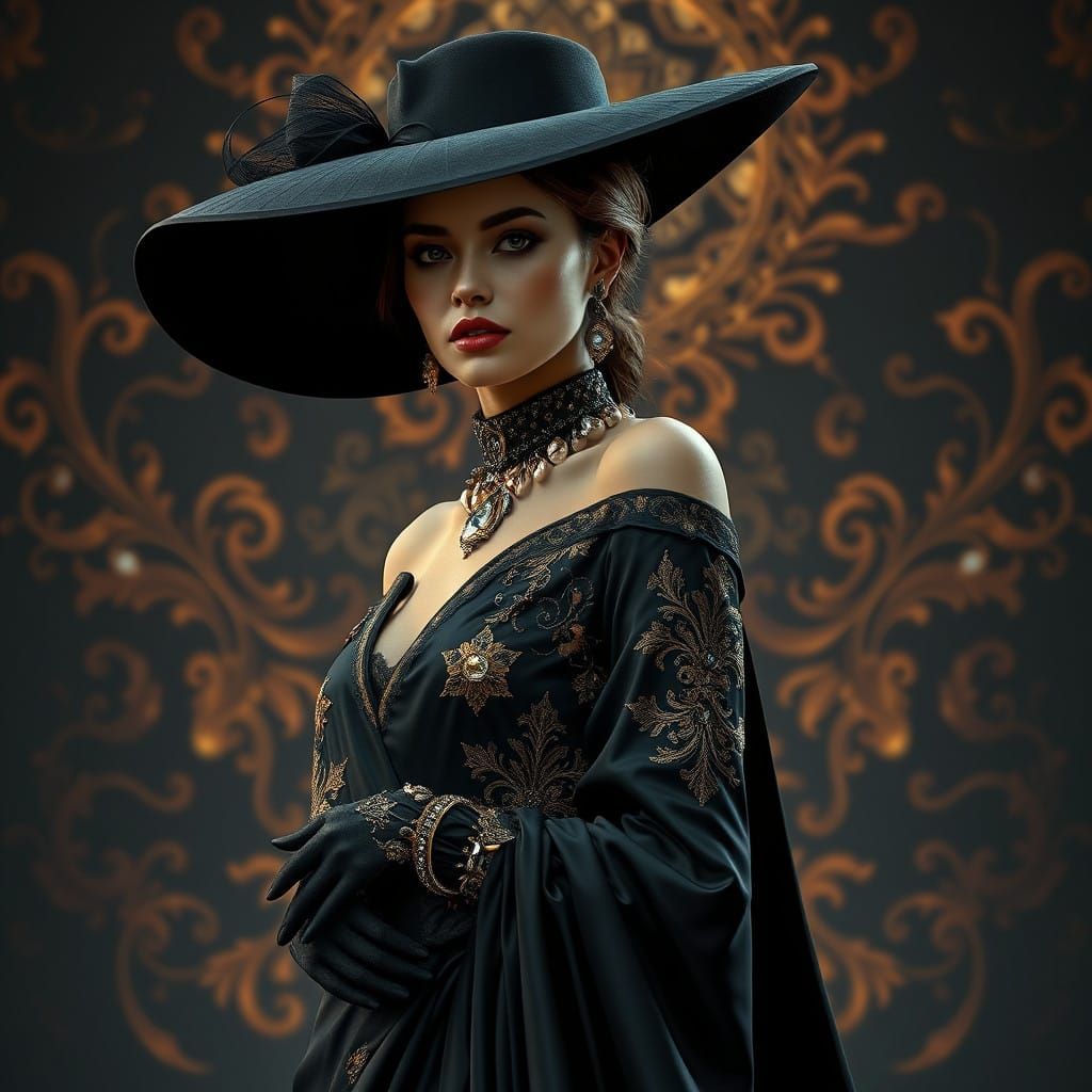 Elegantly Attired Fashion Model in Luxury Black Gown and Acc...