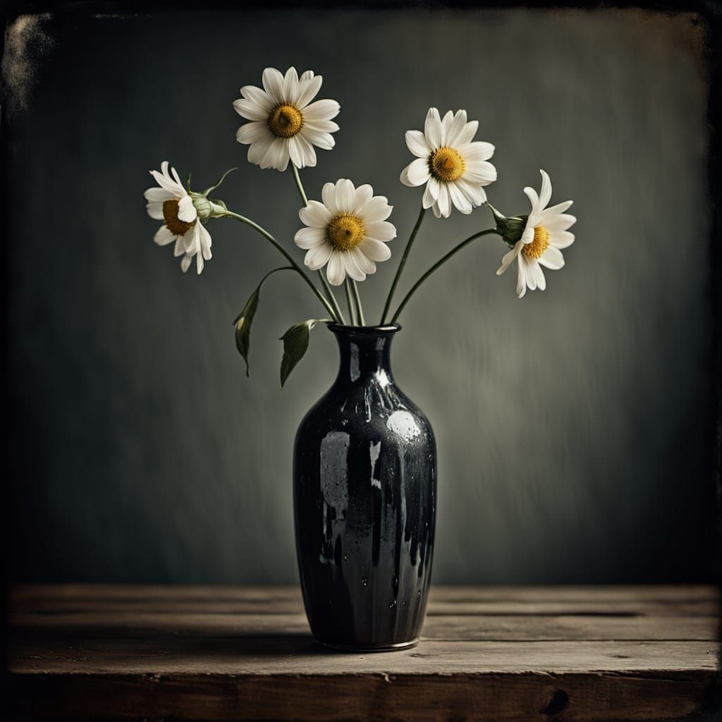 Wilting Flowers in Ceramic Vase, Wet Plate Collodion Style
