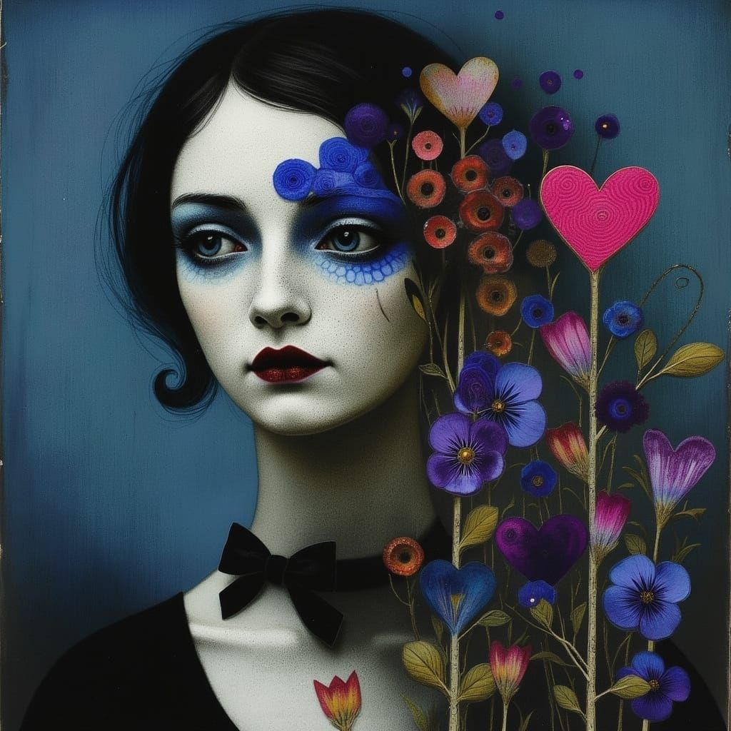 Moody Midnight-Blue Woman with Floral Collage