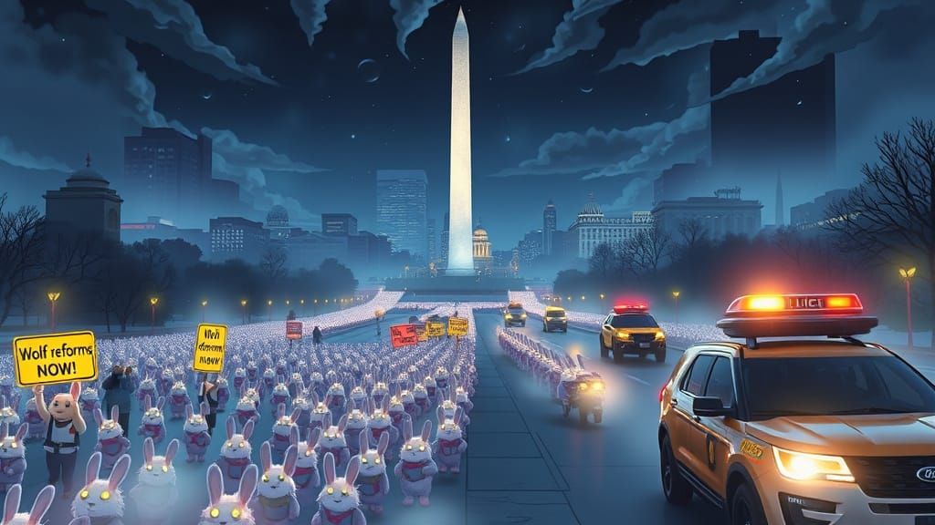 Anime Washington DC Bunny Protest in Dreamlike Style