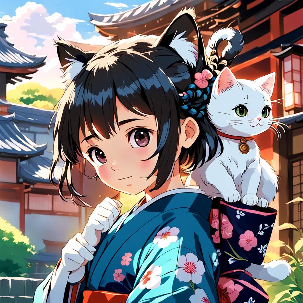 Anime Girl with Kitten in Sumi-e Style