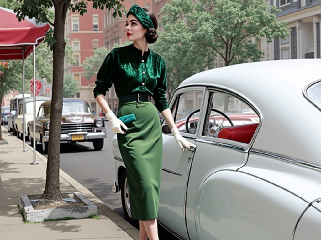 Stylish Woman and Cadillac in 1950s Cityscape