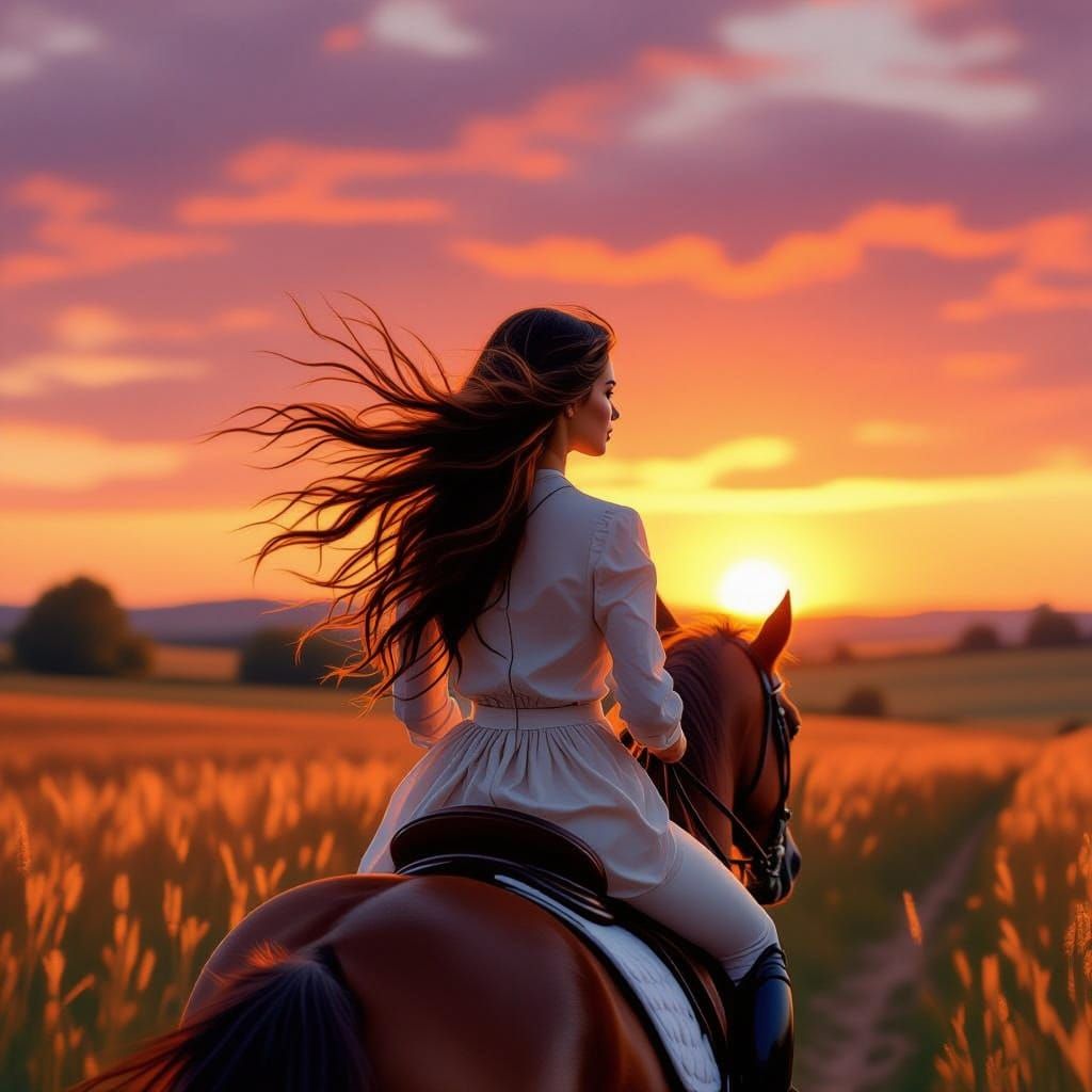 Woman Riding Horse at Sunset in Painterly Style
