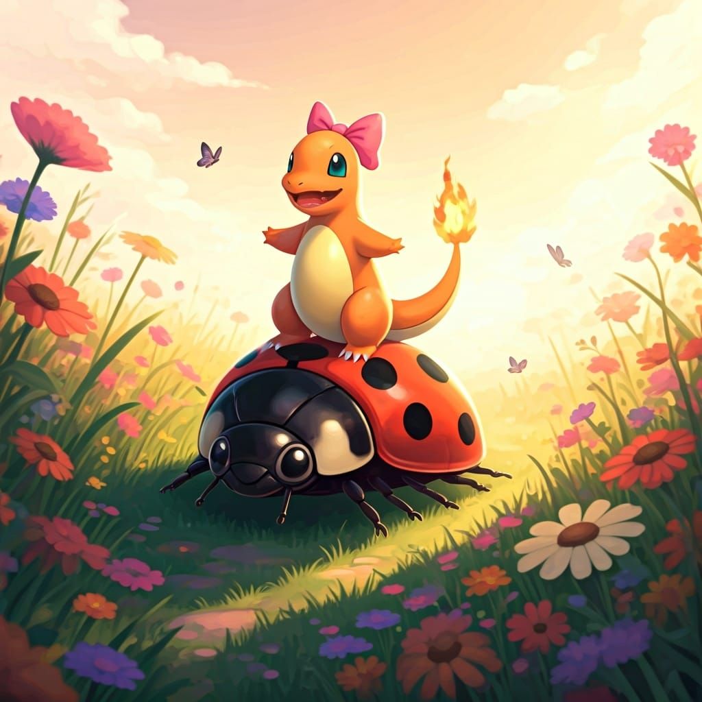 Charmander's Joyful Ride Through a Sunny Meadow
