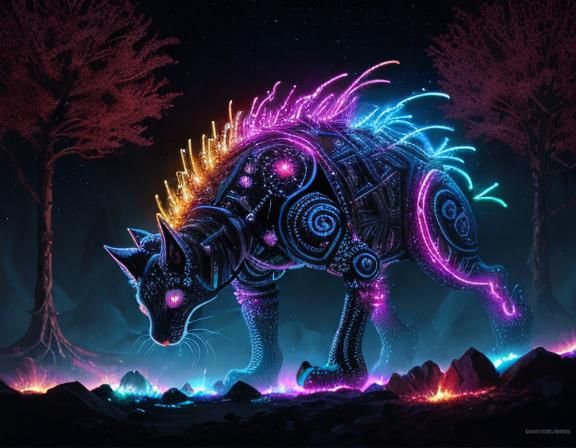 Toxic Alien Kitten with Galaxy Flowers and Origami Fox