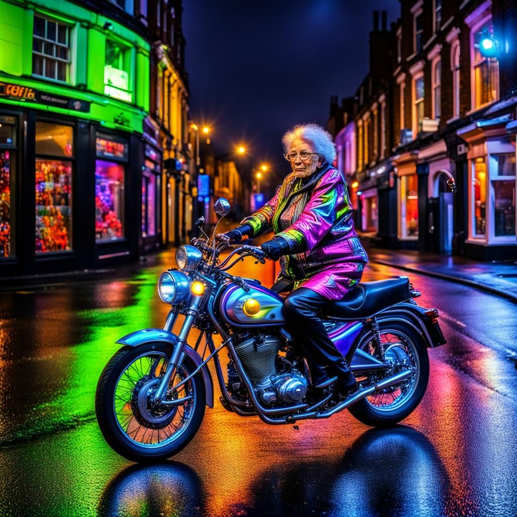 Gorgeous Old Lady on Norton Motorcycle in Rainy Coventry