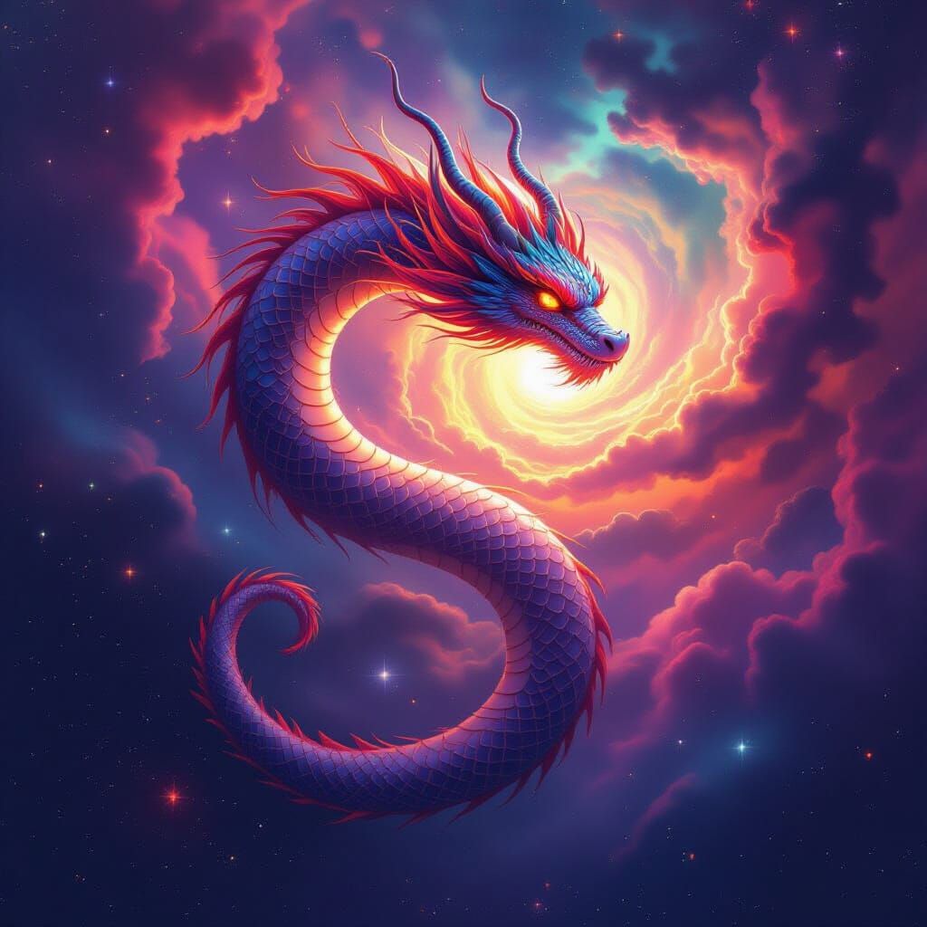 Celestial Dragon Spirals Through Nebula in Visionary Art Sty...