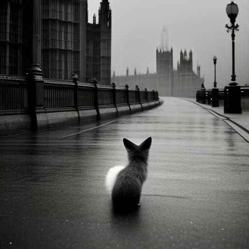 Fox in Rainy London at Night: Black and White Photography