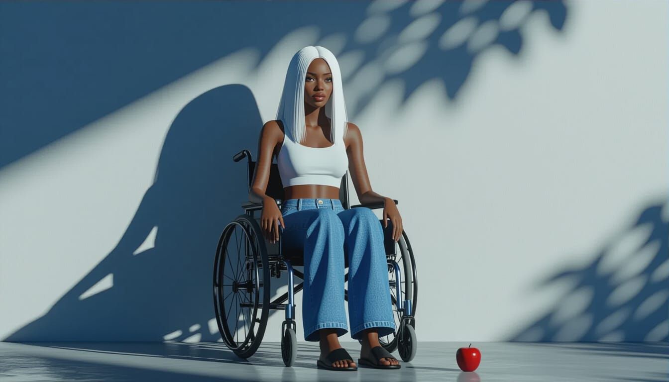 African Woman in Wheelchair with White Hair, Dramatic Shadow...