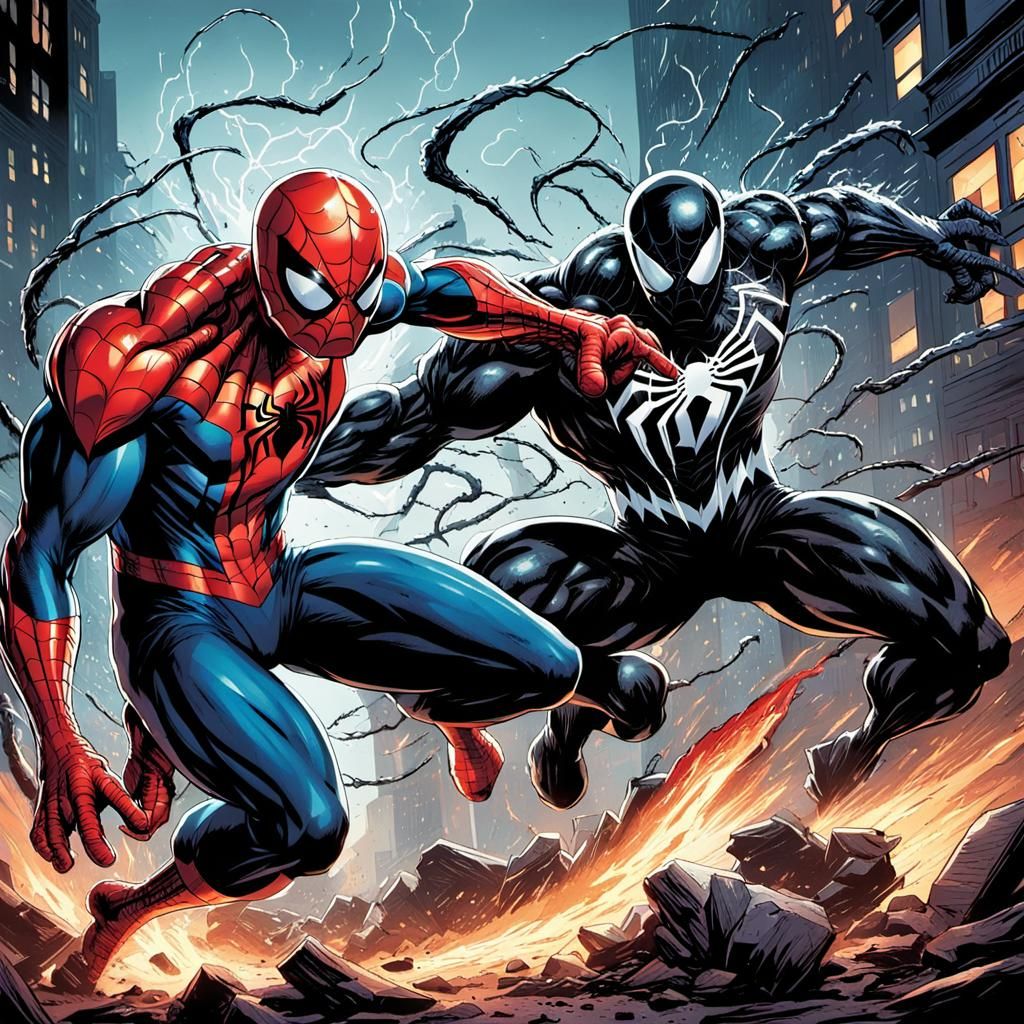 Spider-Man vs Venom in Explosive Comic Art