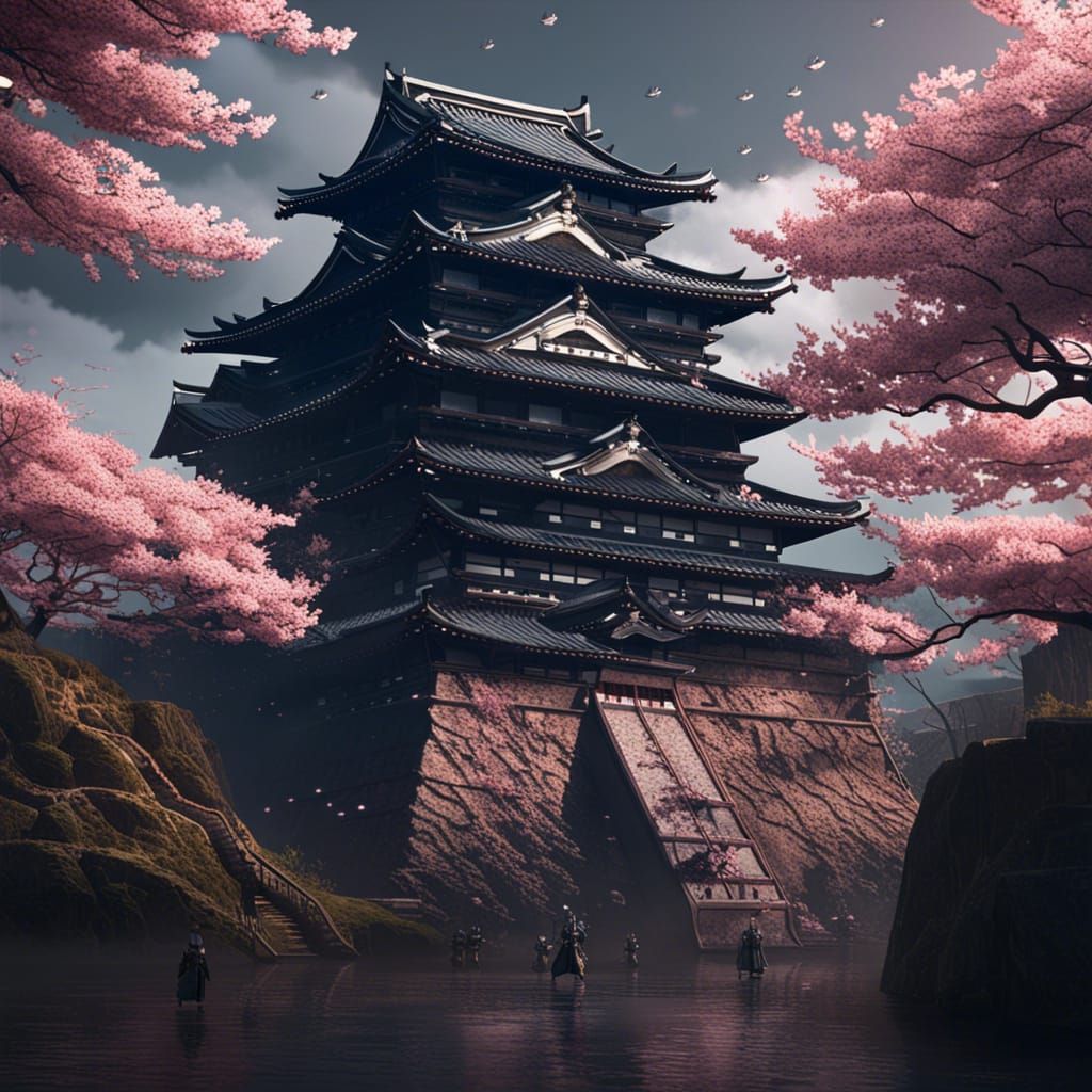 Samurai at Japanese Castle with Cherry Blossoms