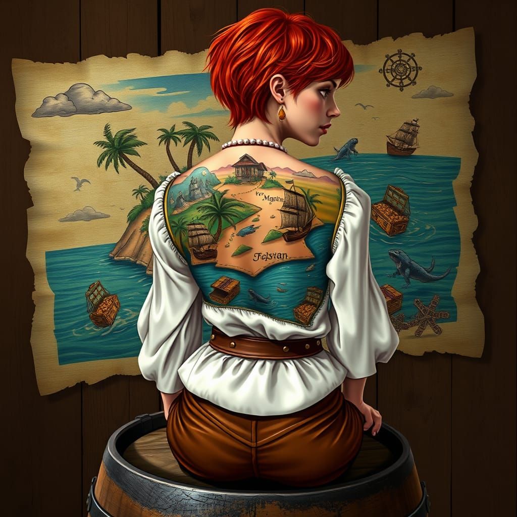 Treasure Map Tattoo on Woman's Back in Fantasy Style