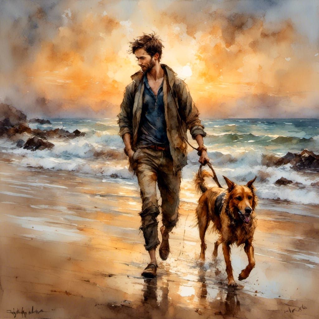Young Man and Dog: Oil Painting Portrait