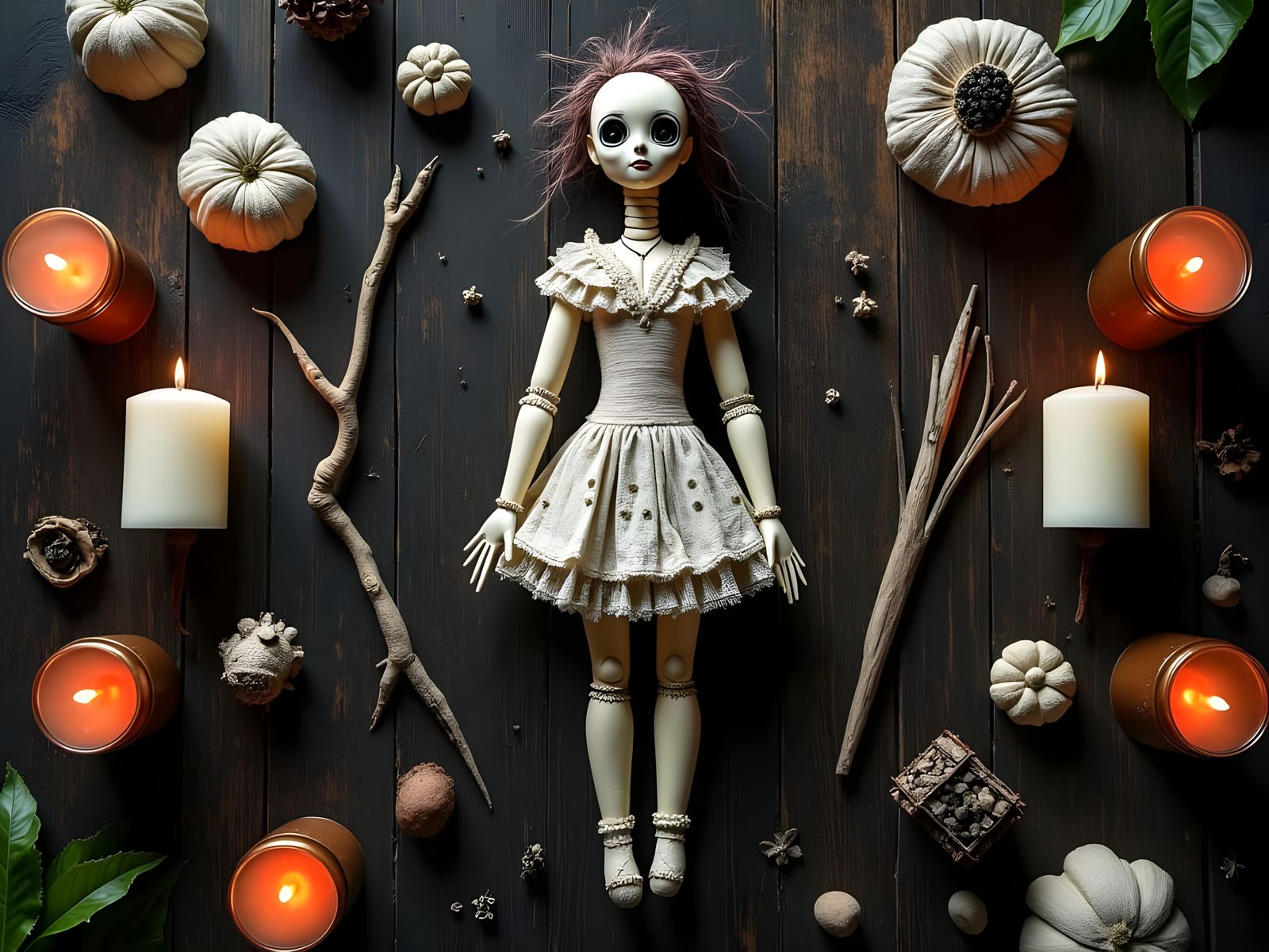 Voodoo Doll with Pins and Ritual Items on Dark Wood