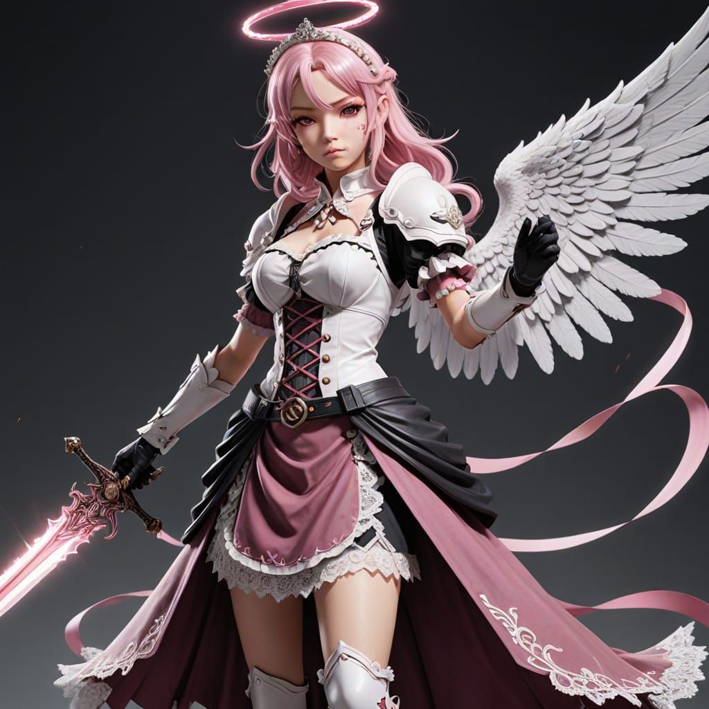 Epic Anime Angel in Maid Uniform, Dark Pink and White, Anima...