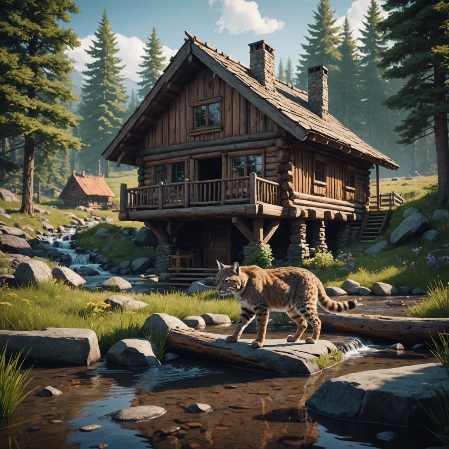 Bobcat Drinking from Stream in Detailed Matte Painting