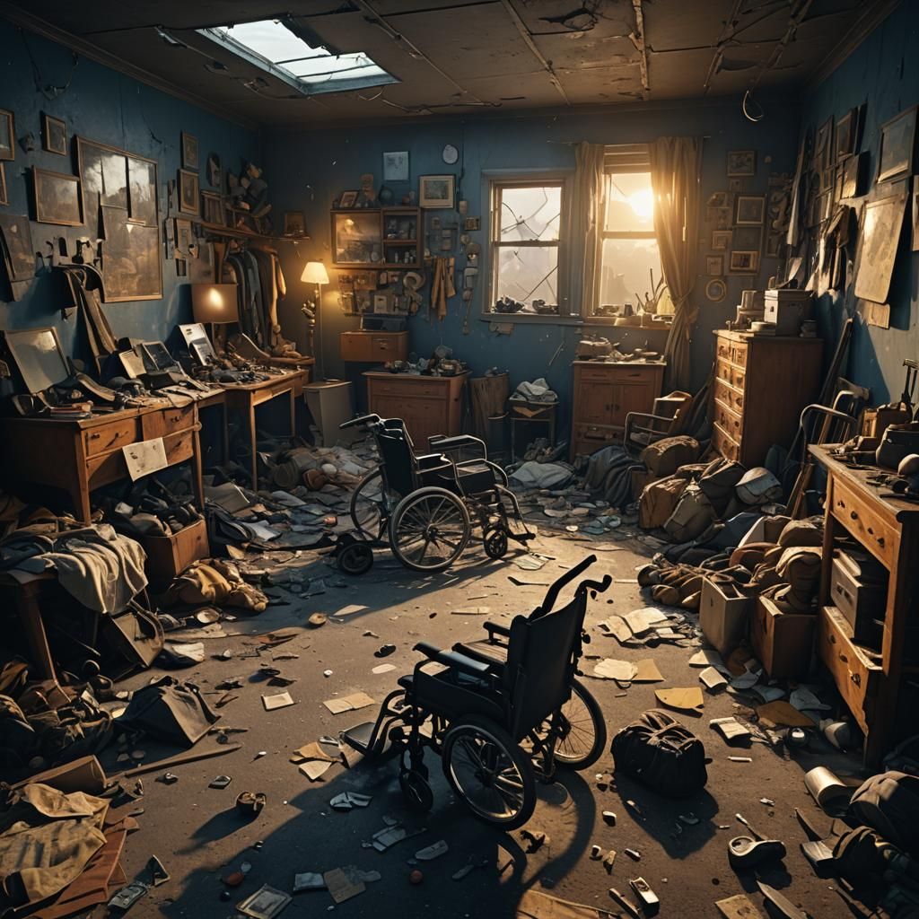 Cluttered Room with Overturned Wheelchair: Dramatic Digital ...