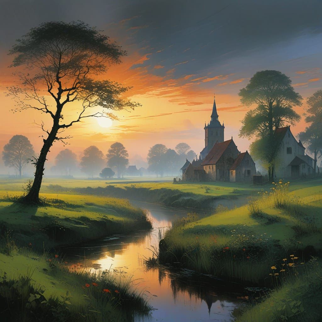 Medieval Netherlands Landscape at Dawn