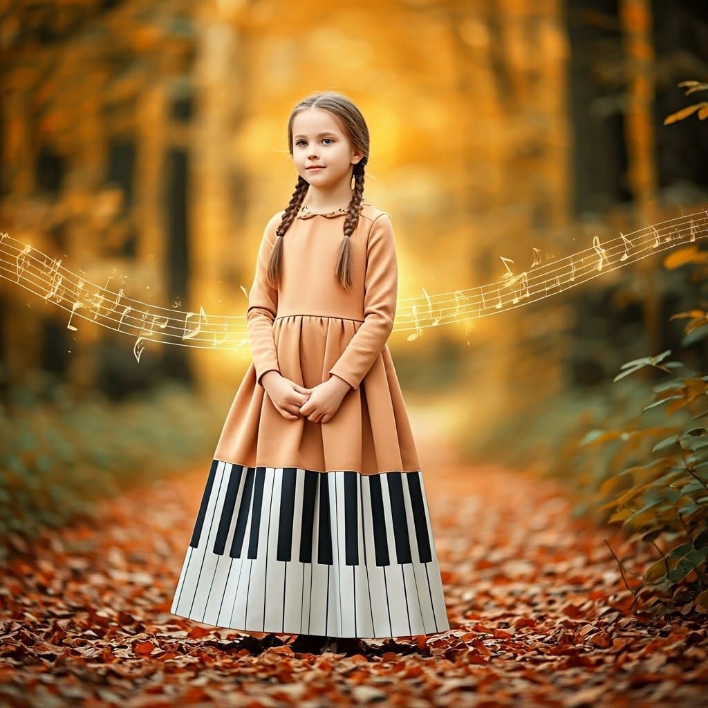 Young Girl in Impressionist Autumn Scene with Musical Notes