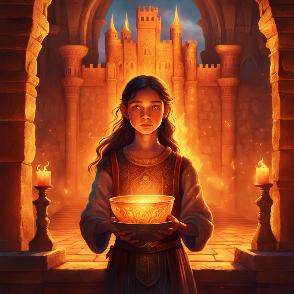 Girl Holds Bowl of Fire in Castle: Fantasy Art
