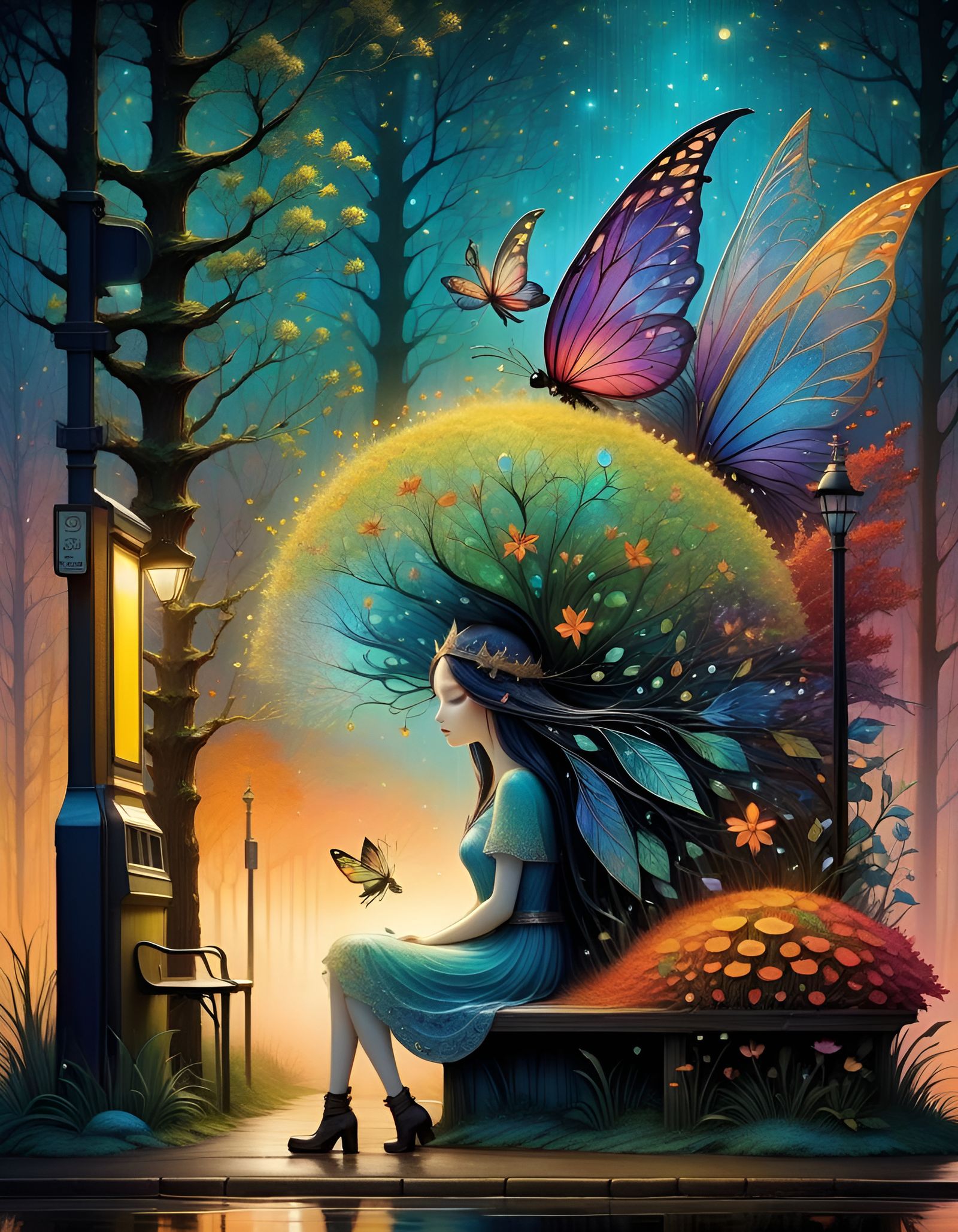 Fairy at Bus Stop in Liquid Art Style