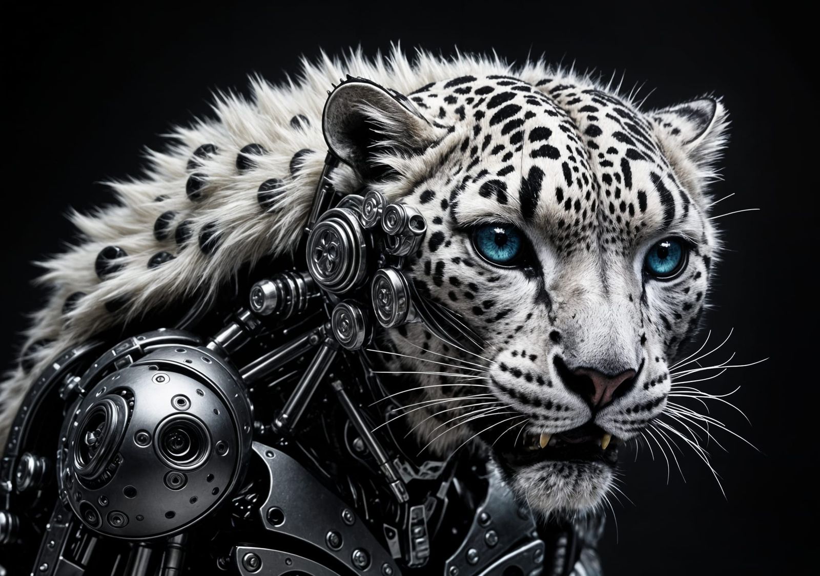 Disturbing Snow Leopard Cyborg in Charcoal Style