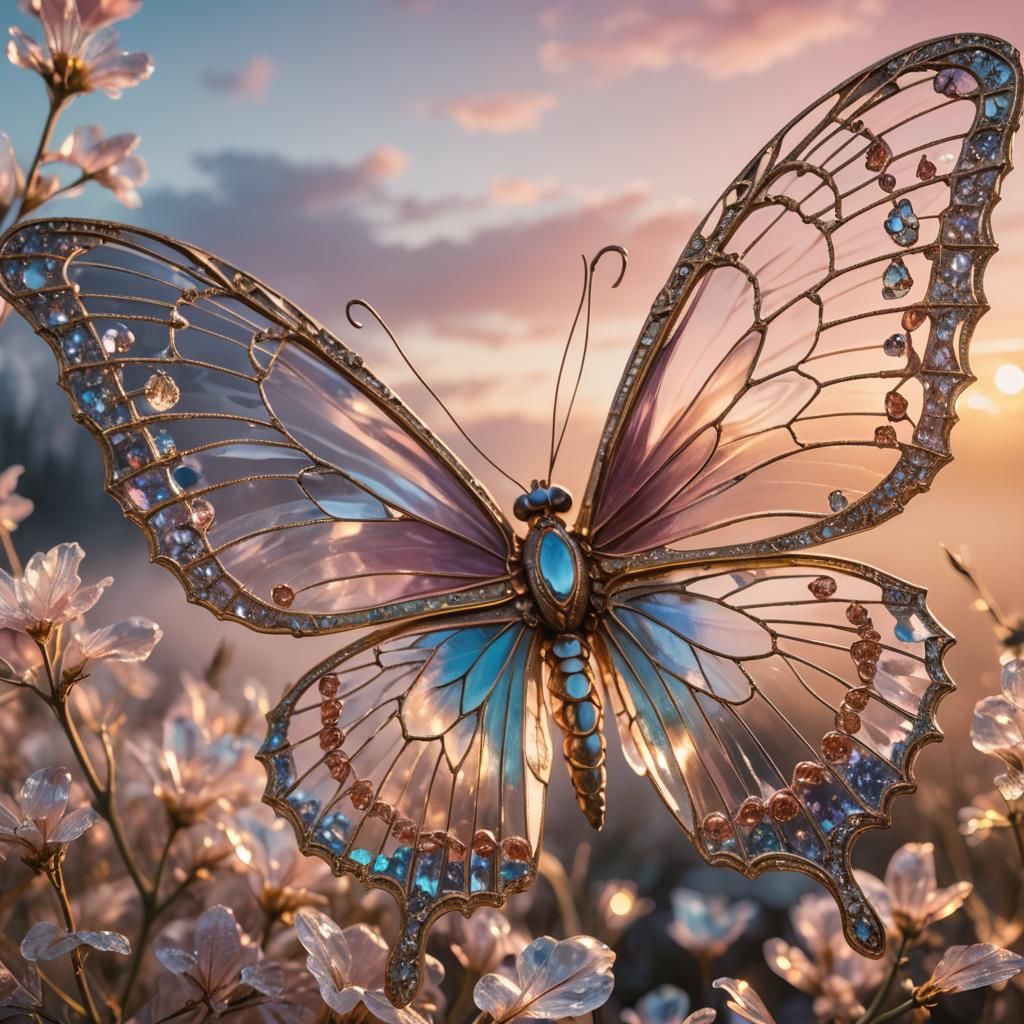 Glowing Crystal Butterfly at Sunset in Art Nouveau Style