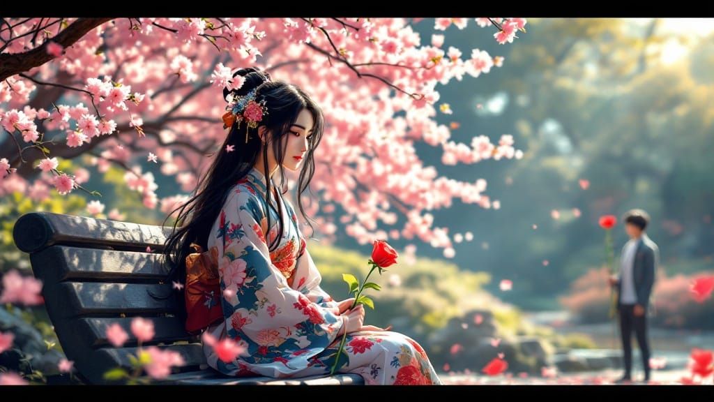 Serene Japanese Garden Scene with Lovers