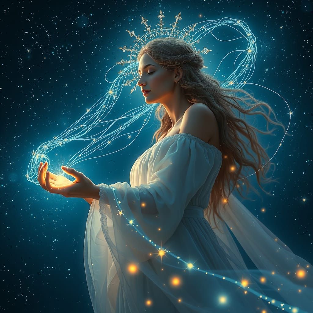 Ethereal Goddess Weaving Cosmic Light in Starry Sky