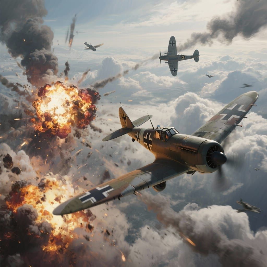 WWII Aerial Dogfight Over Clouds in Digital Painting Style