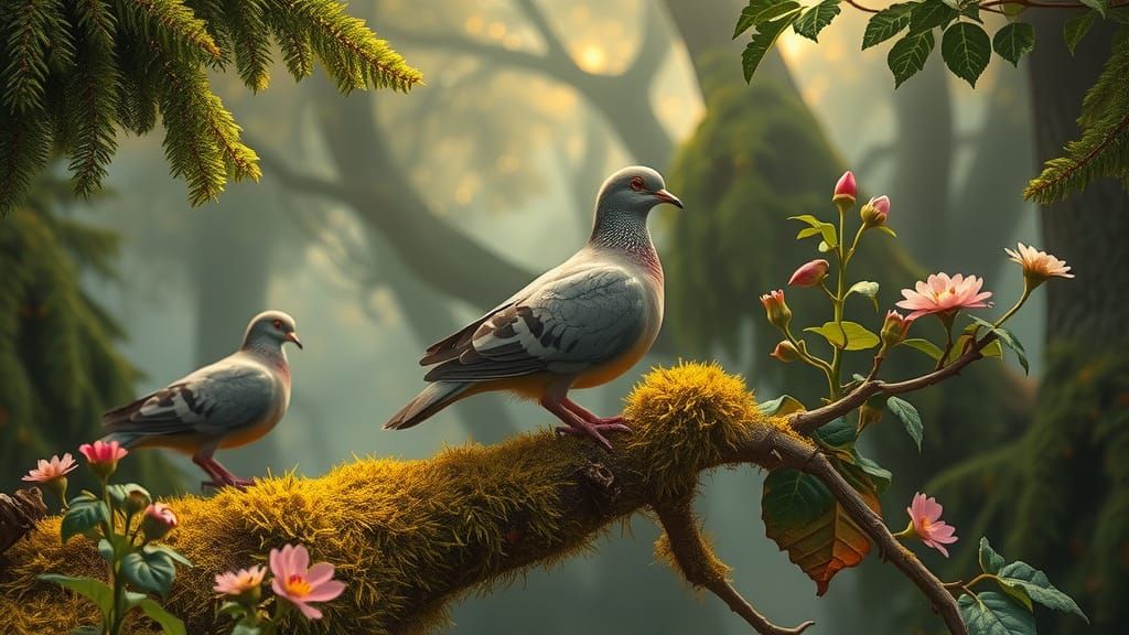 Whimsical Forest Scene with Passenger Pigeon